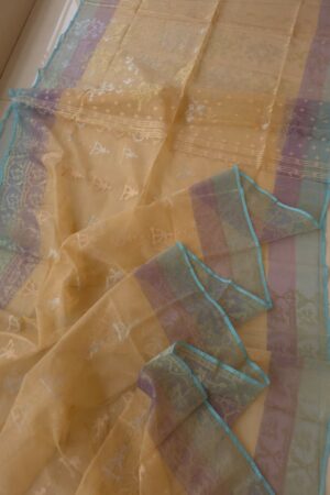 Beige Gold with Blue Border 80 Count Half Silk Jamdani Saree