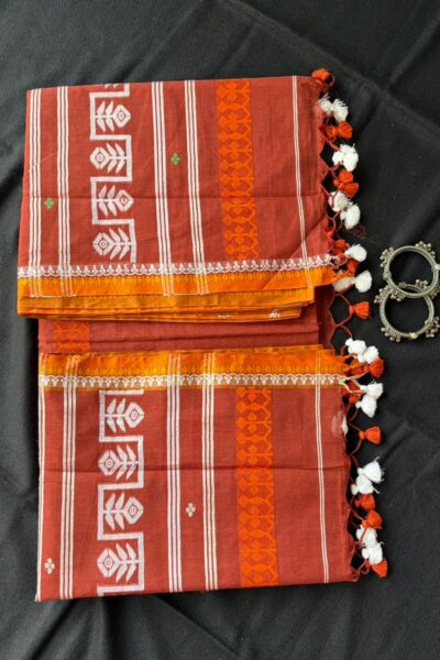Brick Red Cotton Sharee with Orange Border