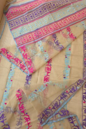 Half Silk Jamdani Beige base with pink, purple, and sky-blue motifs