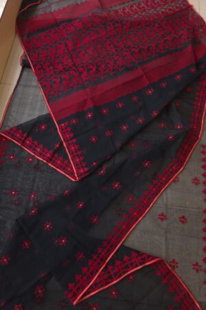 Black base with red motifs and red border cotton Jamdani